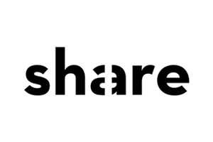 Das Wort „share“ in schwarzer Schrift, bei dem der Buchstabe „a“ durch ein stilisiertes Pluszeichen dargestellt ist.