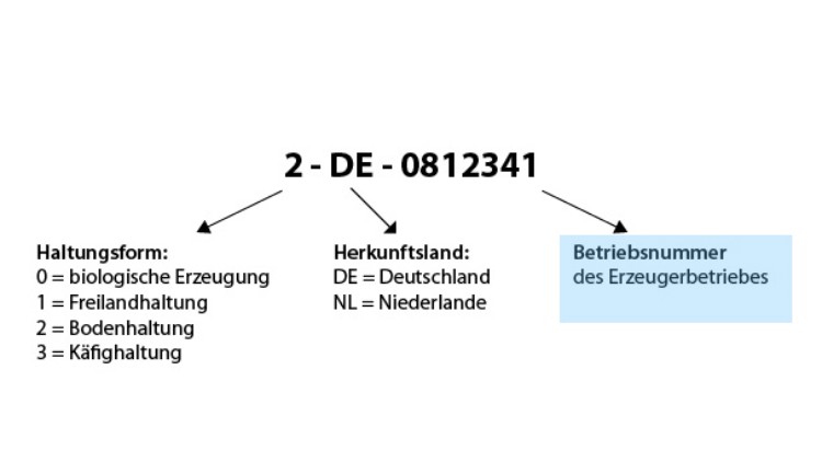 Erklärung eines Eier-Codes mit Angabe zu Haltungsform, Herkunftsland und Betriebsnummer des Erzeugerbetriebes.