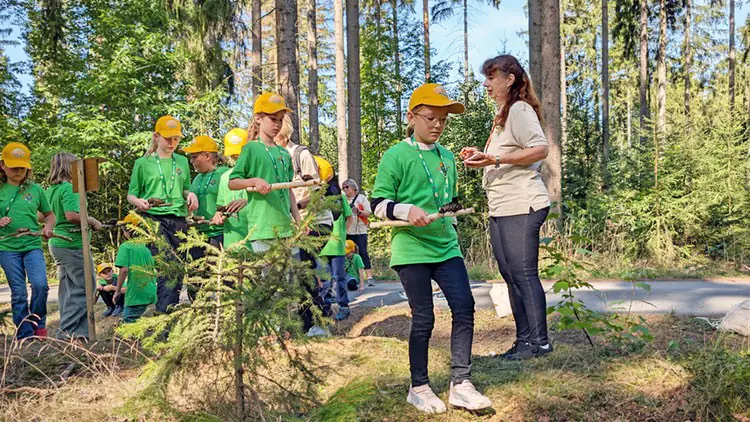 Kinder in grünen T-Shirts und gelben Kappen pflanzen im Wald kleine Bäume, rechts steht eine erwachsene Person in beigem Shirt.