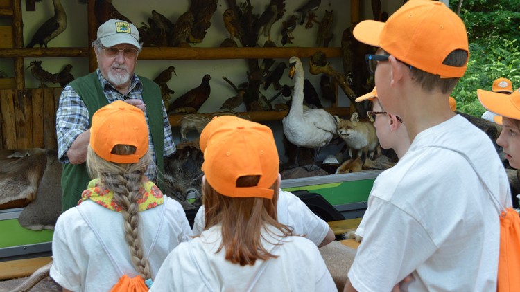 Kinder mit orangefarbenen Kappen und Rucksäcken stehen vor einem Ausstellungsstand mit Präparaten von Tieren und Vögeln.