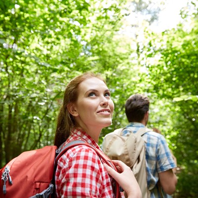 Zwei Personen mit Rucksäcken wandern durch einen sonnigen Wald mit dichtem, grünem Laub.