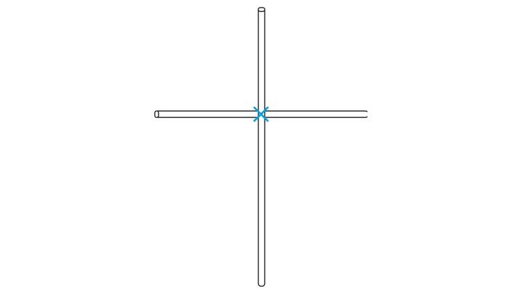 Eine schematische Darstellung eines Kreuzes aus zwei miteinander verbundenen Linien mit einem blauen Stern an der Schnittstelle.