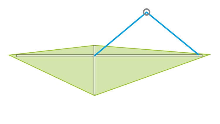 Eine grüne Drachenform mit blauer Aufhängung an einem grauen Kreis und weißen Linien in Kreuzform.