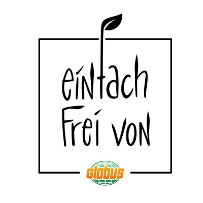 Schwarzer Schriftzug „einfach Frei von“ mit Blattmotiv in einem Rahmen, darunter das GLOBUS-Logo in Orange und Grün.