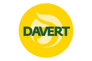 Gelbes rundes Logo mit grünem Schriftzug „DAVERT“ und abstrahierter geschwungener Form in der Mitte.