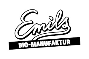 Schwarzes Logo mit geschwungenem Schriftzug „Emils“ und Blockschrift „BIO-MANUFAKTUR“ darunter auf weißem Hintergrund.
