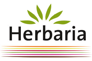 Schwarzer Schriftzug „Herbaria“ mit grünen Blättern darüber, darunter bunte horizontale Streifen in Orange, Rot und Grün.