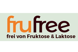 Das Bild zeigt ein Logo mit dem Text „frufree frei von Fruktose & Laktose“ in orange, braun und schwarz auf hellgrünem Hintergrund.