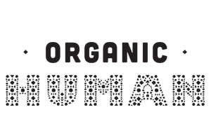 Schwarzer Text „ORGANIC HUMAN“ mit Punkten und Muster in den Buchstaben auf weißem Hintergrund.