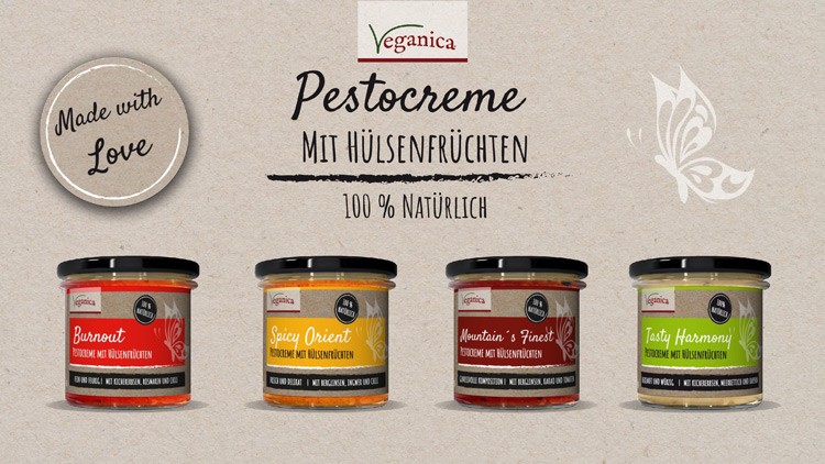 Vier Gläser Veganica Pestocreme mit Hülsenfrüchten, Sorten: Burnout, Spicy Orient, Mountain’s Finest, Tasty Harmony.