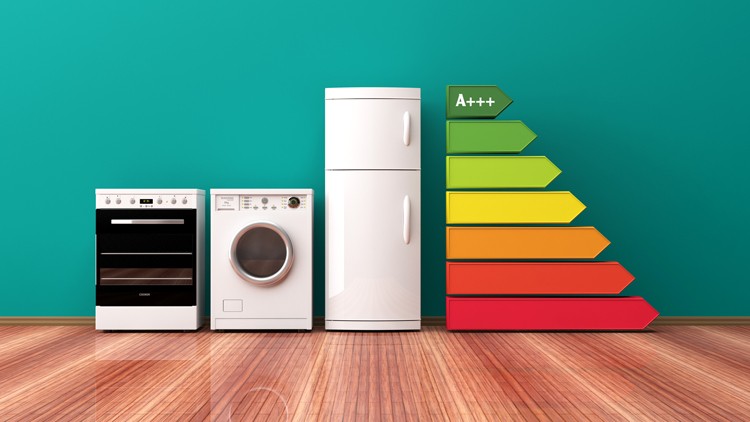 Ein Herd, eine Waschmaschine und ein Kühlschrank stehen vor einer türkisfarbenen Wand neben einer Energieeffizienzskala A+++ bis E.