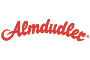 Roter Schriftzug „Almdudler“ auf weißem Hintergrund, der Buchstabe „r“ ist mit einem kleinen Kreis markiert.