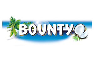 Das Wort „BOUNTY“ in weißen Großbuchstaben mit Kokoshälften, Palmen und blauem Hintergrund.