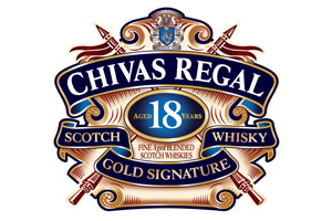 Das Bild zeigt ein farbig gestaltetes Logo mit dem Schriftzug „Chivas Regal 18 Years Scotch Whisky Gold Signature“.