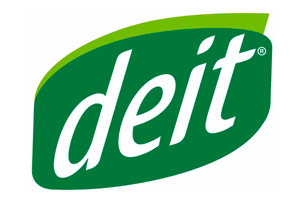 Grünes Firmenlogo mit weißem Schriftzug „deit“ auf grünem Hintergrund, darüber ein heller Grünton und ein R-Zeichen.