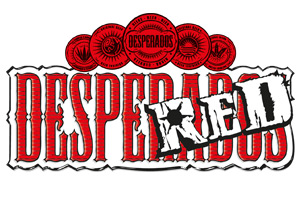 Desperados-Logo in Rot und Weiß mit dem Schriftzug „RED“ schräg überlagert, rote und schwarze Verzierungen im Hintergrund.