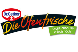 Logo mit Schriftzug „Dr. Oetker Die Ofenfrische“, daneben ein grünes Feld mit Text „Backt Zuhause frisch hoch“.