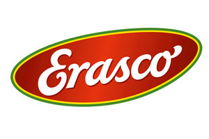 Das Logo von Erasco mit weißem Schriftzug auf rotem, ovalem Hintergrund, umrandet von Gelb und Grün.