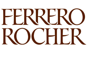 Brauner Schriftzug „FERRERO ROCHER“ in serifenloser Großbuchstaben-Schriftart auf weißem Hintergrund.