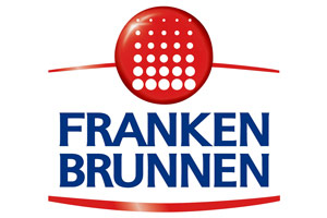 Rotes Logo mit weißen Punkten, darunter der blaue Schriftzug FRANKEN BRUNNEN auf weißem Hintergrund.