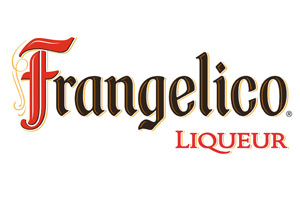Schriftzug „Frangelico“ in schwarzer, roter und goldener Schrift, darunter steht „LIQUEUR“ in roter Großbuchstabenschrift.