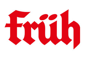 Roter Schriftzug „Früh“ in gotischer Schriftart auf weißem Hintergrund.