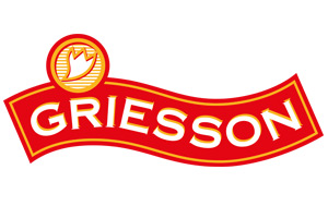Rotes Logo mit einer geschwungenen Wellenform und dem weißen Schriftzug „GRIESSON“, oben links ein gelber Kreis mit Krone.