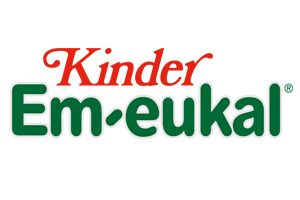 Logo mit rotem Schriftzug Kinder und grünem Schriftzug Em-eukal auf weißem Hintergrund mit ®-Symbol.