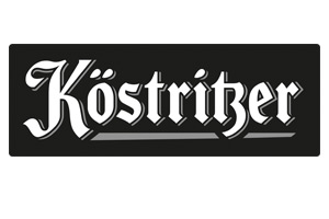 Schwarzes Rechteck mit dem weißen Schriftzug Köstritzer in stilisierter Frakturschrift.