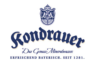 Abgebildet ist ein blaues Logo mit dem Schriftzug „Kondrauer“ und den Zusatztexten „Das Genuss-Mineralwasser“ und „Erfrischend bayrisch. Seit 1281.“.