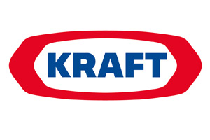 Logo mit rotem, geschwungenem Rahmen, darin in blauen Großbuchstaben das Wort KRAFT auf weißem Hintergrund.