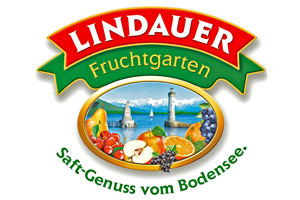 Ovales Logo mit „LINDAUER Fruchtgarten“, Bodensee-Motiv und Obstsorten, darunter der Text „Saft-Genuss vom Bodensee“.