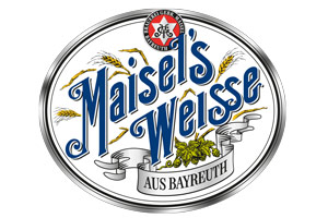 Das runde Logo zeigt „Maisel’s Weisse“ in blauer Schrift, Gerstenähren, Hopfen und den Text „Aus Bayreuth“ auf weißem Hintergrund.
