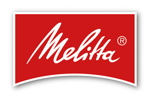 Rotes Logo mit weißem Melitta-Schriftzug in geschwungener Schrift und einem kleinen eingekreisten R rechts oben.