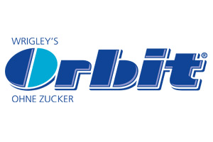 Das Logo zeigt den Schriftzug Wrigley's Orbit Ohne Zucker in blauer und weißer Schrift mit einem halbierten blauen Kreis.