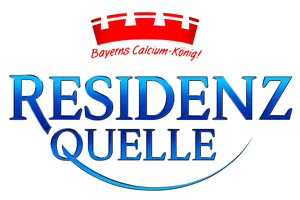 Logo der Marke RESIDENZ QUELLE mit Schriftzug in Blau, roter Krone und dem Text „Bayerns Calcium-König!“ über der Krone.