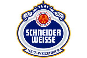 Blau-weißes Logo mit gelber Umrandung, mittig der Schriftzug Schneider Weisse, oben ein rotes Siegel und unten Hefe-Weizenbier.