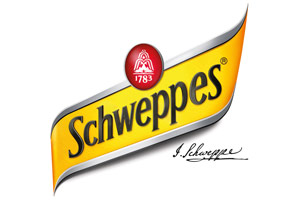 Schwarze Schrift mit dem Wort „Schweppes“ auf gelbem Hintergrund, darüber ein rotes Logo mit der Zahl 1783 und eine Unterschrift.
