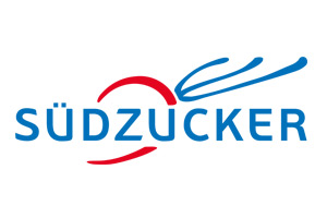 Roter Halbkreis mit blauen Linien und der blauen Schrift „SÜDZUCKER“ auf weißem Hintergrund.