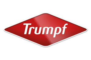 Rotes, leicht glänzendes Rauten-Logo mit dem weißen Schriftzug Trumpf in serifenloser Schrift zentriert darauf.