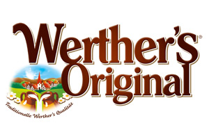 Logo der Marke Werther's Original mit braunem Schriftzug und gezeichnetem Dorfszenenmotiv, darunter der Text „Traditional Werther's Quality“.