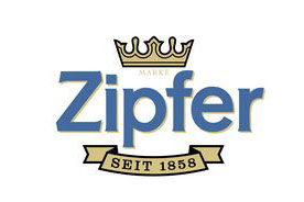 Das Logo der Marke Zipfer zeigt den Schriftzug „Zipfer“ in blauer Schrift mit einer goldenen Krone und dem Text „Seit 1858“.