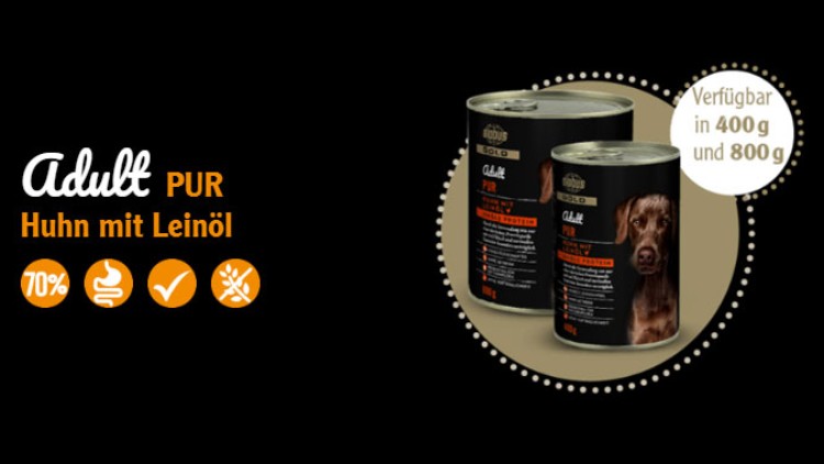 Zwei schwarze Dosen GLOBUS Hundefutter Adult PUR Huhn mit Leinöl, Text „Verfügbar in 400 g und 800 g“ in weißem Kreis.