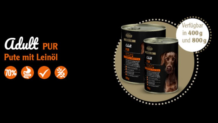 Zwei Dosen Hundefutter der Sorte „Adult PUR Pute mit Leinöl“, verfügbar in 400 g und 800 g, mit Zusatzinfos und Icons.