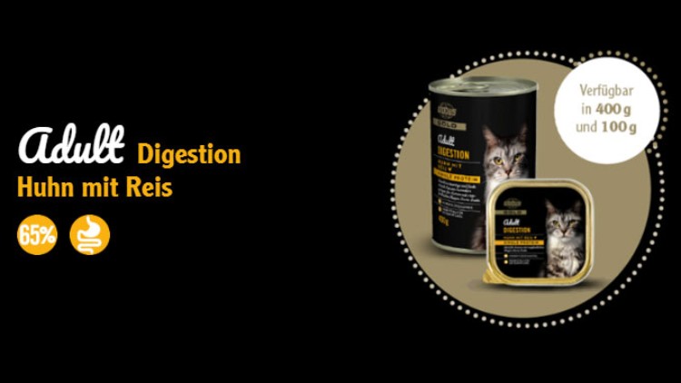 Dose und Schale Katzenfutter „Adult Digestion Huhn mit Reis“, Text „65 %“ und Symbol, Gewicht: 400 g und 100 g, schwarzer Hintergrund.