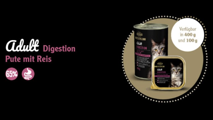 Katzenfutter GLOBUS Adult Digestion Pute mit Reis, 65 Prozent Fleisch, erhältlich in 400 g und 100 g, schwarzer Hintergrund.