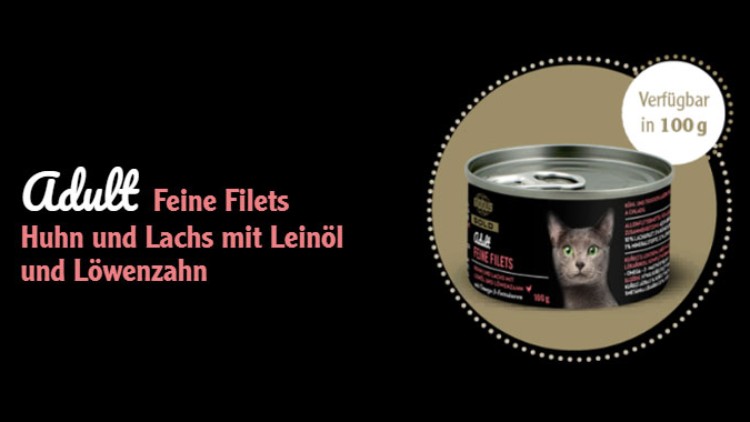 Dose Katzenfutter mit Aufschrift „Adult, Feine Filets, Huhn und Lachs mit Leinöl und Löwenzahn“, verfügbar in 100 g.