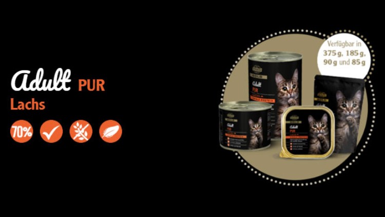 Katzenfuttermarke „Adult PUR Lachs“ mit Abbildungen von Dosen, Schalen und Beuteln sowie Text „Verfügbar in 375 g, 185 g, 90 g und 85 g“.