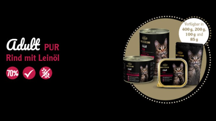 Katzenfutter „Adult PUR Rind mit Leinöl“ mit Katzenmotiv, verfügbare Größen 400 g, 200 g, 100 g und 85 g, Text „70 %“.