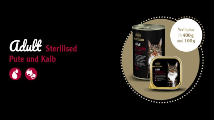 Schwarzer Hintergrund mit Katzenfutterdosen und -schalen der Sorte „Adult Sterilised Pute und Kalb“, Text: „Verfügbar in 400 g und 100 g“.